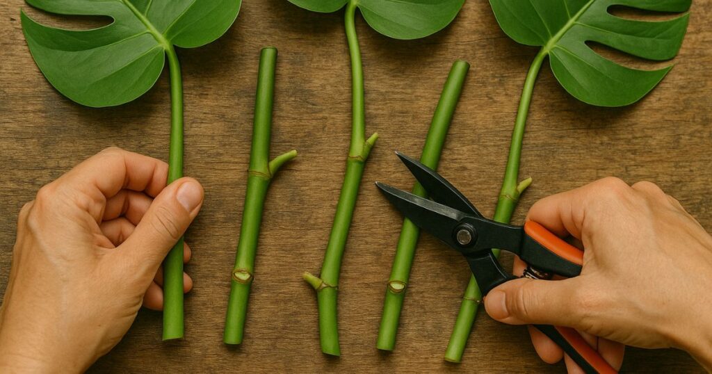 Demonstration of how to prepare Monstera cuttings for propagation - How To Propagate Monstera Plants