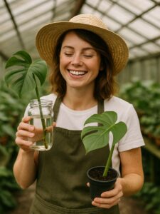 Happy Gardener Propagating Monstera Plants In A Greenhouse - How To Propagate Monstera Plants